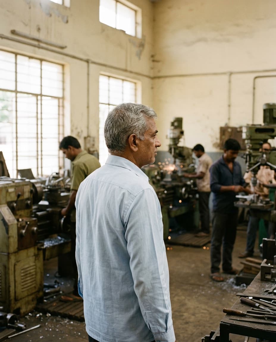 An owner on the factory floor, looking at his team