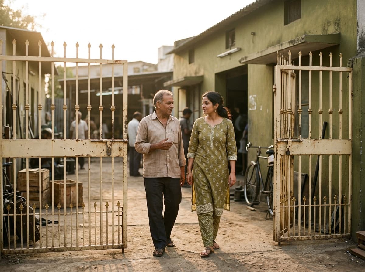 A father and daughter walking through the factory gate