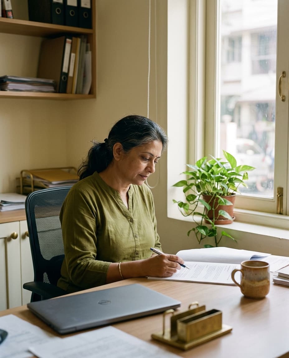 An owner at her desk, reading a report
